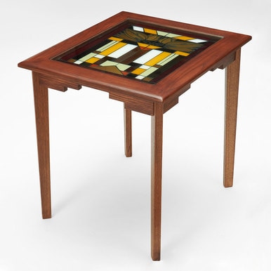 Brown Craftsman End Table - Tulip Chevrons Art Glass