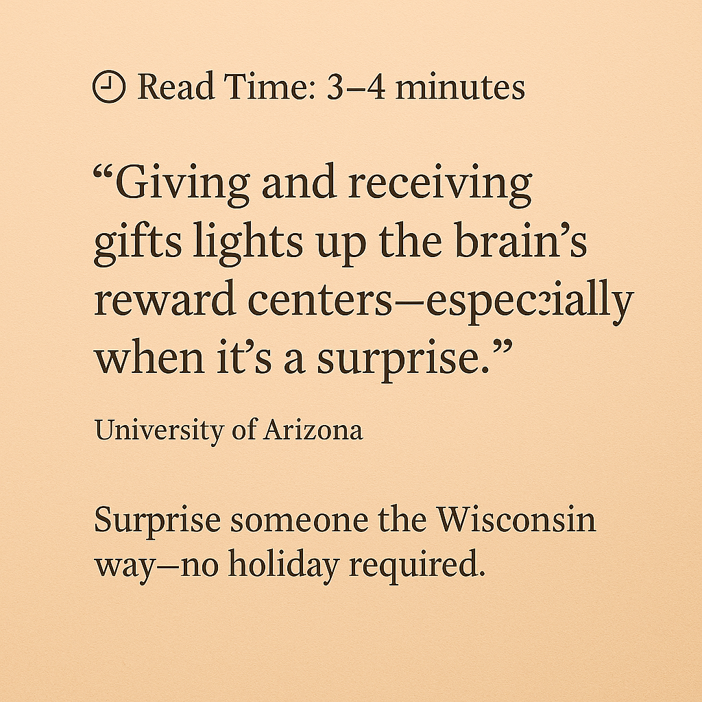 A tan background with centered text reading: “Giving and receiving gifts lights up the brain’s reward centers—especially when it’s a surprise.” — University of Arizona. The graphic includes a small clock icon noting “Read Time: 3–4 minutes” and a tagline: “Surprise someone the Wisconsin way—no holiday required.”